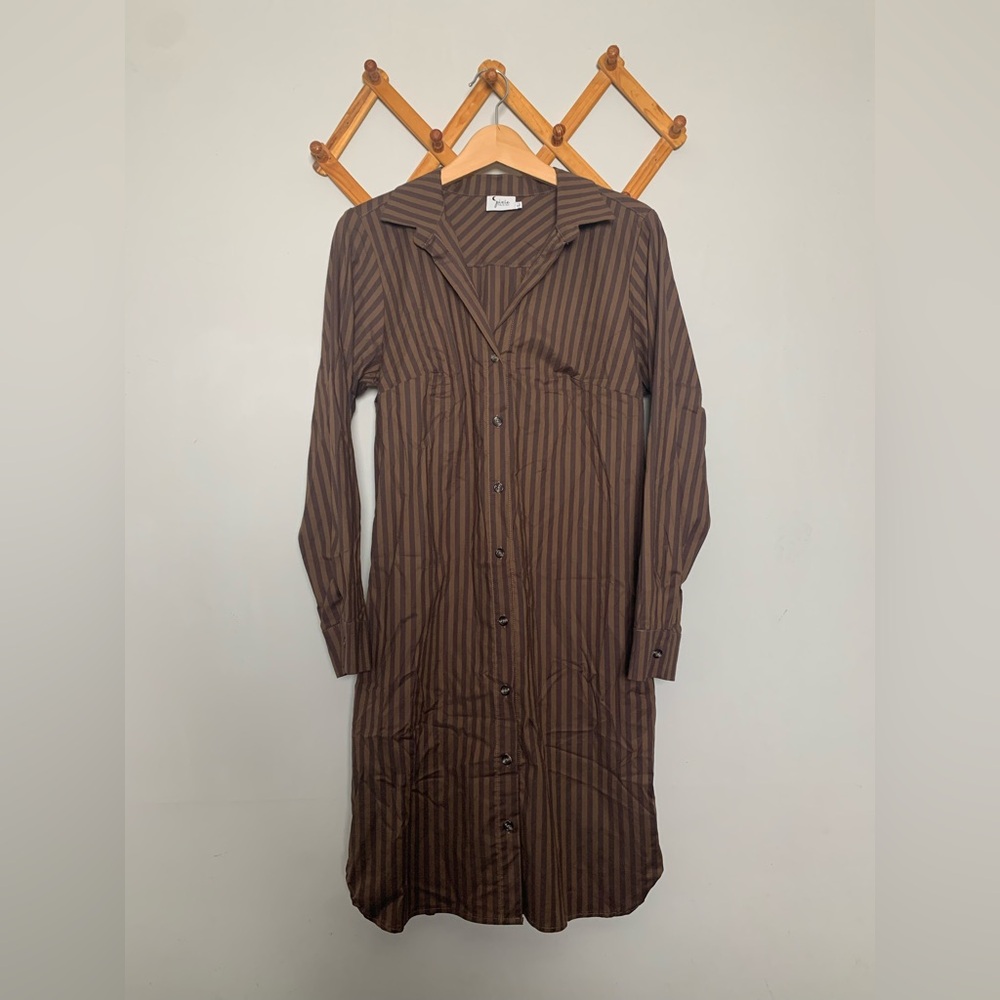 2 NWOT Pixie City to Sea Brown Pinstripe Cotton Sea Island Shirt Dress SZ M & L